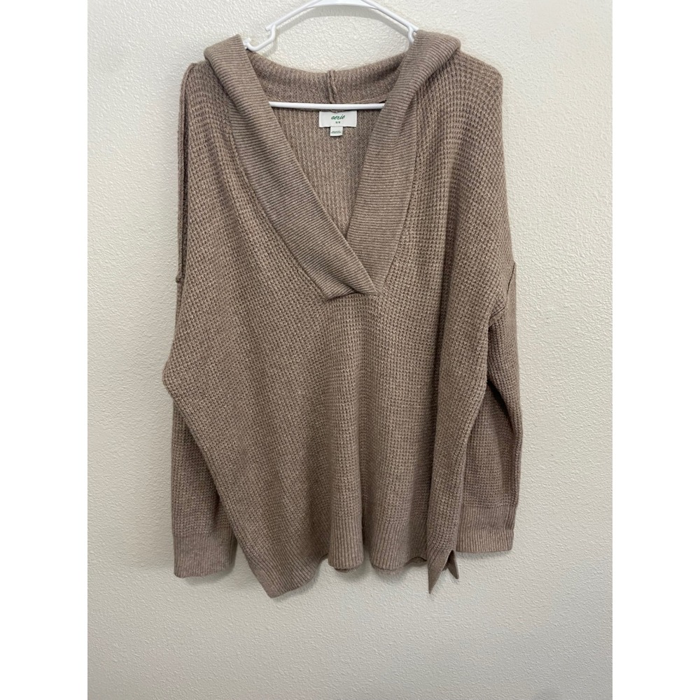 Aerie Women Medium Waffle Knit Hoodie Taupe EUC Oversized V-Neck Sweater